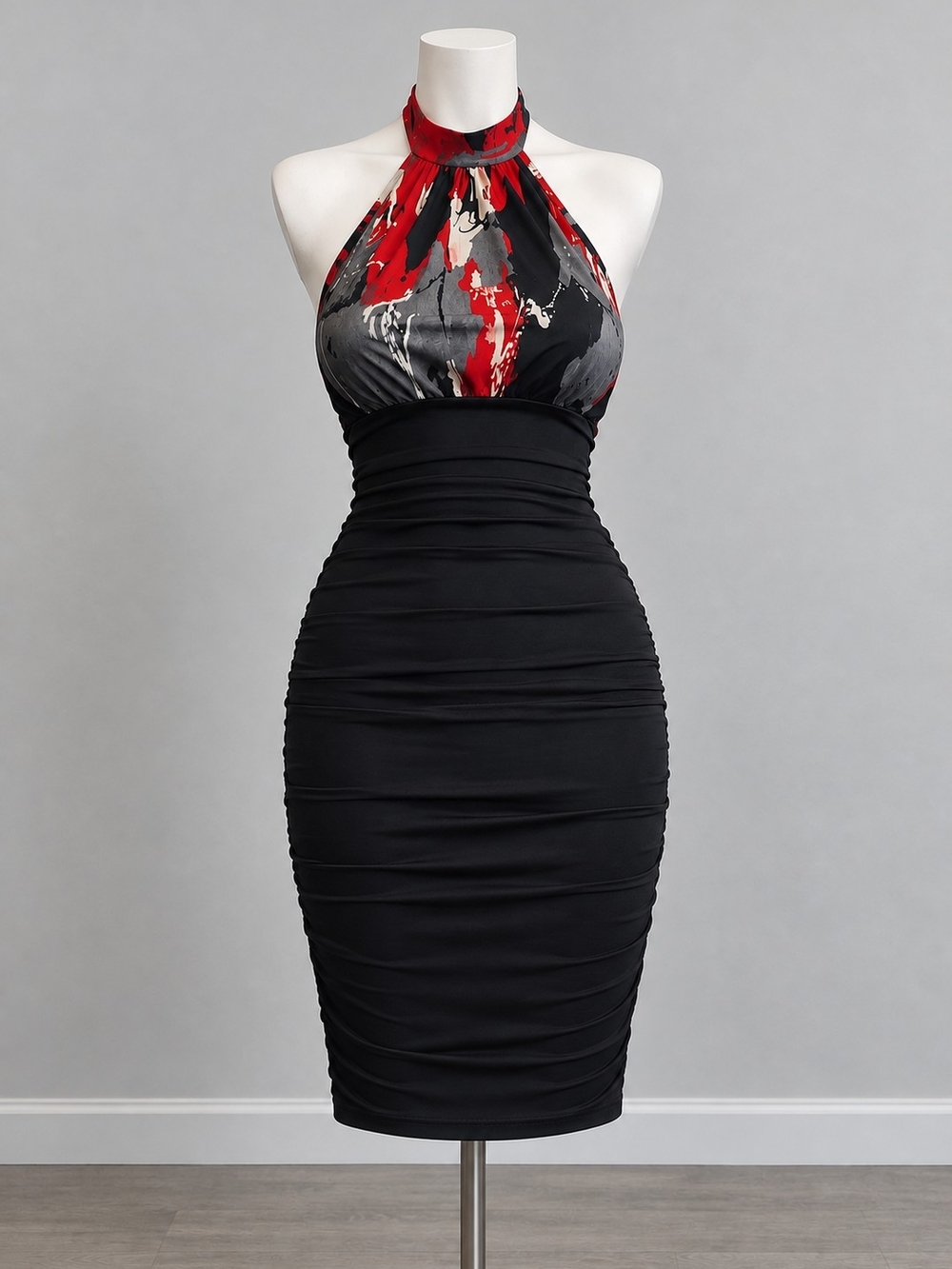 H&M One-Shoulder Halter Dress in Black and Red Abstract Print